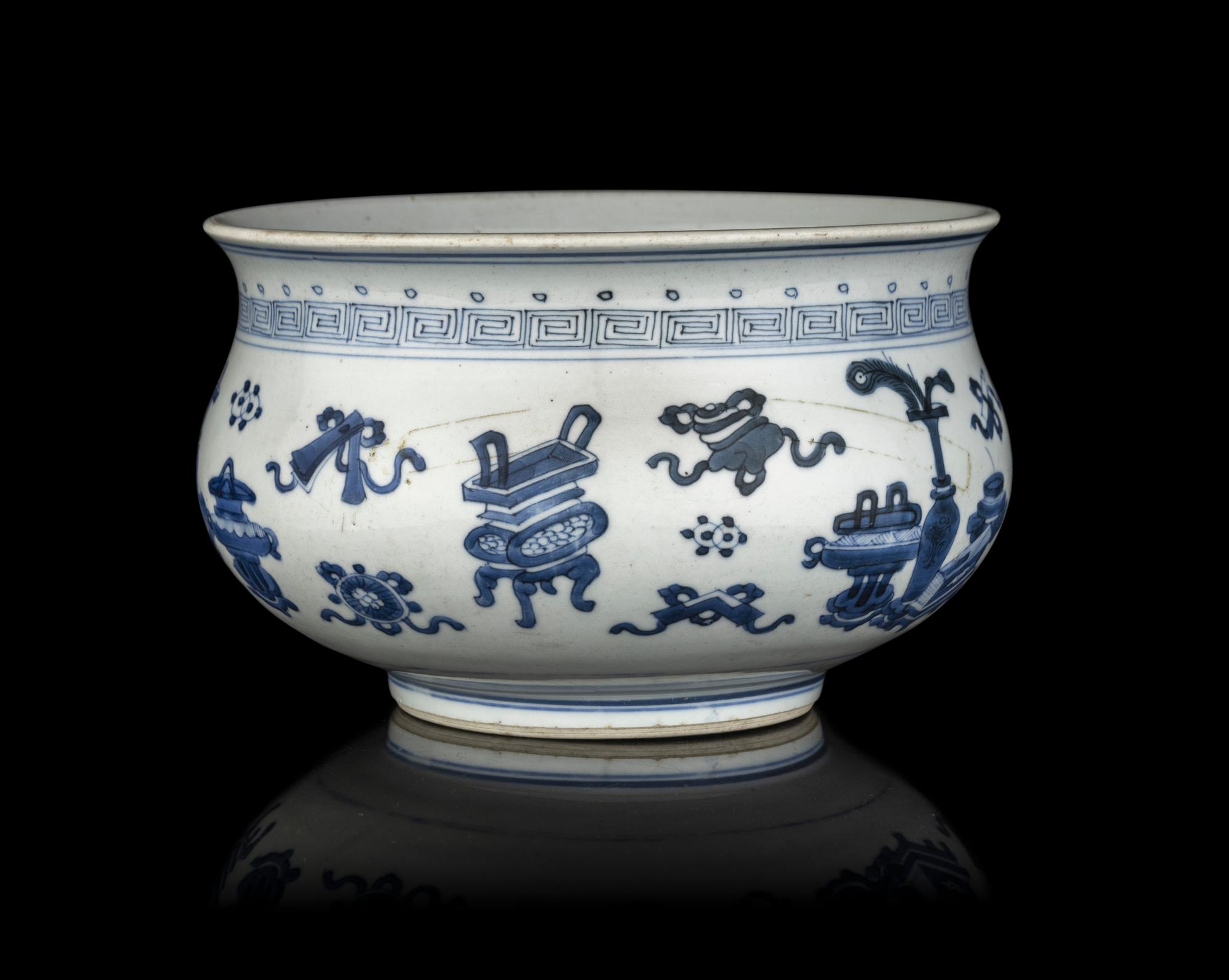 A Chinese Blue and White 'Bogu' Porcelain Censer