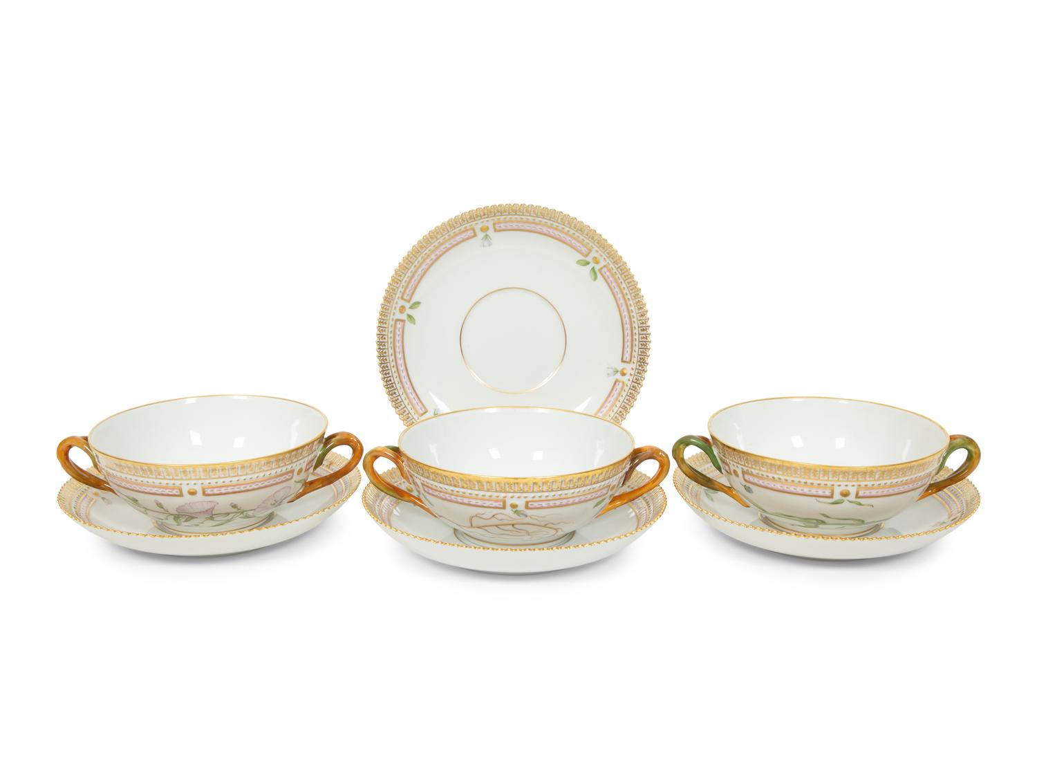 Eight Royal Copenhagen Flora Danica Porcelain Bouillon Cups and Four Saucers
