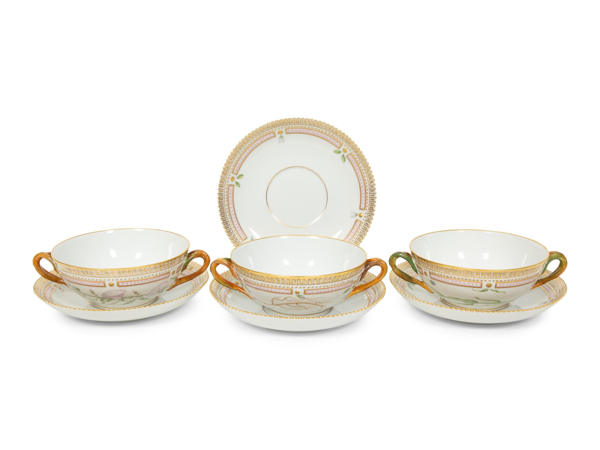 Eight Royal Copenhagen Flora Danica Porcelain Bouillon Cups and Four Saucers