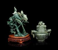 A Chinese Spinach Jade Incense Burner and A Green Jadeite 'Bird' Group