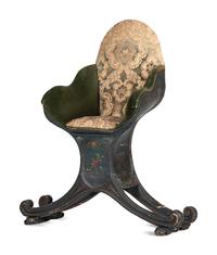 A Venetian Blue and Polychrome Decorated Parcel Gilt and Carved Wood Gondola Chair