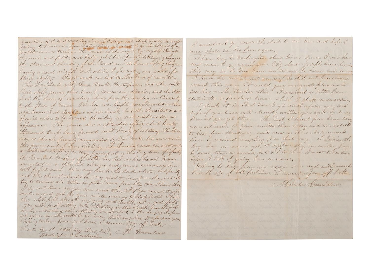 [CIVIL WAR]. A group of 4 letters written by Lieutenant Malcom Ammidon, Companies H & C, 34th Massachusetts, with Lincoln and slavery content.