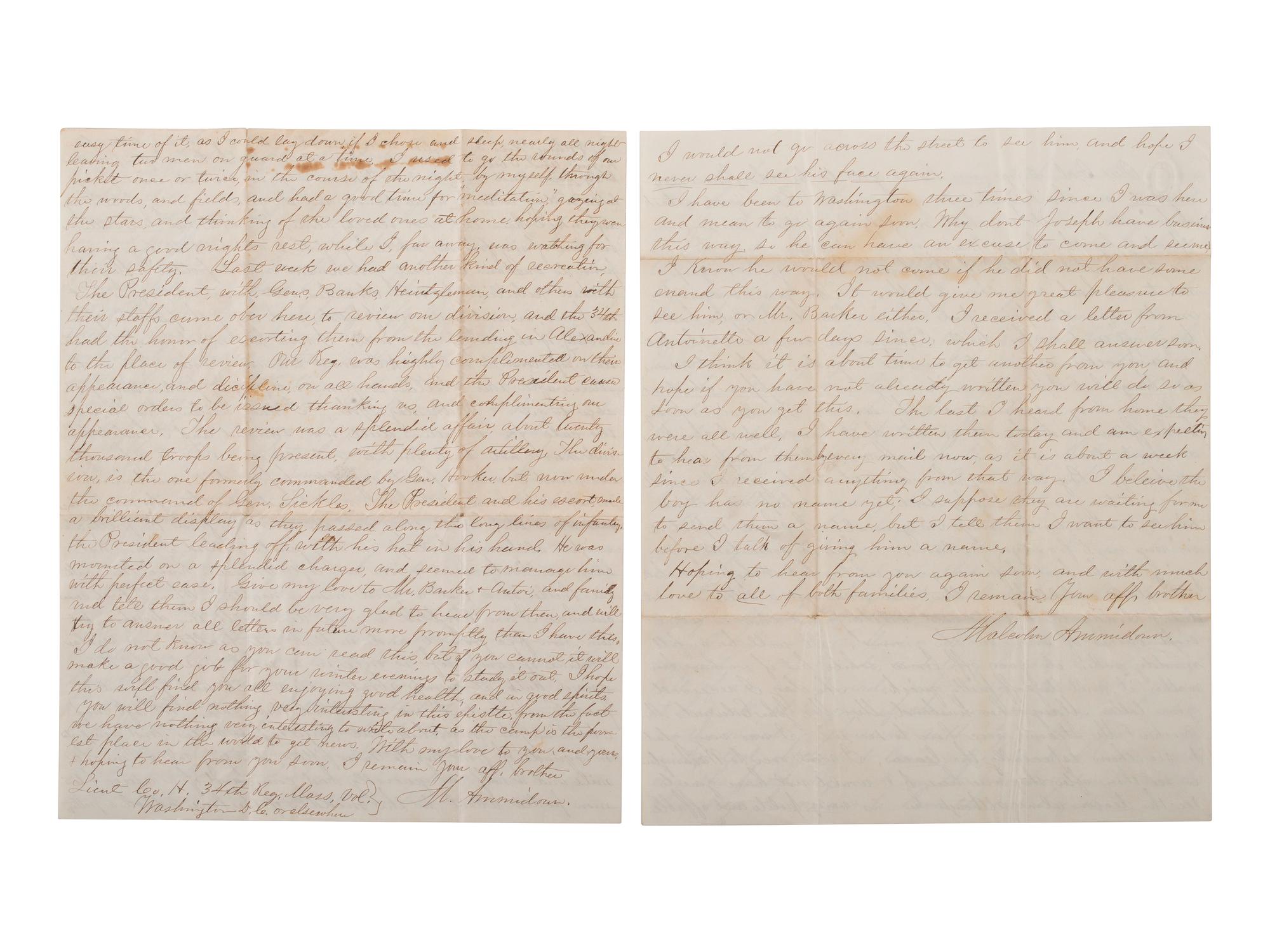 [CIVIL WAR]. A group of 4 letters written by Lieutenant Malcom Ammidon, Companies H & C, 34th Massachusetts, with Lincoln and slavery content.