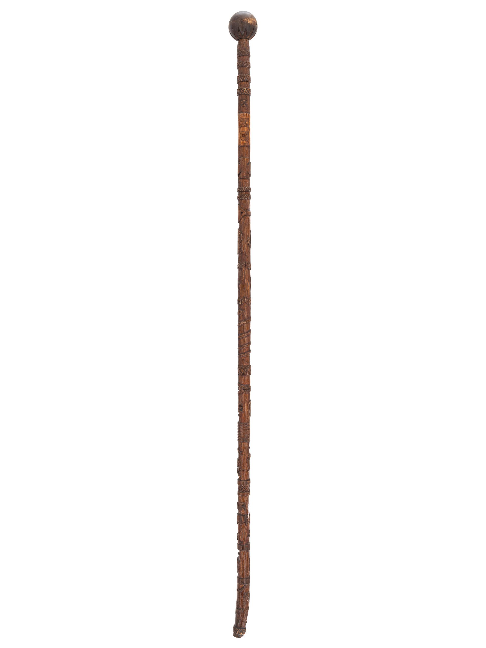 [CIVIL WAR]. GAR folk art carved cane featuring corps badges and patriotic motifs.