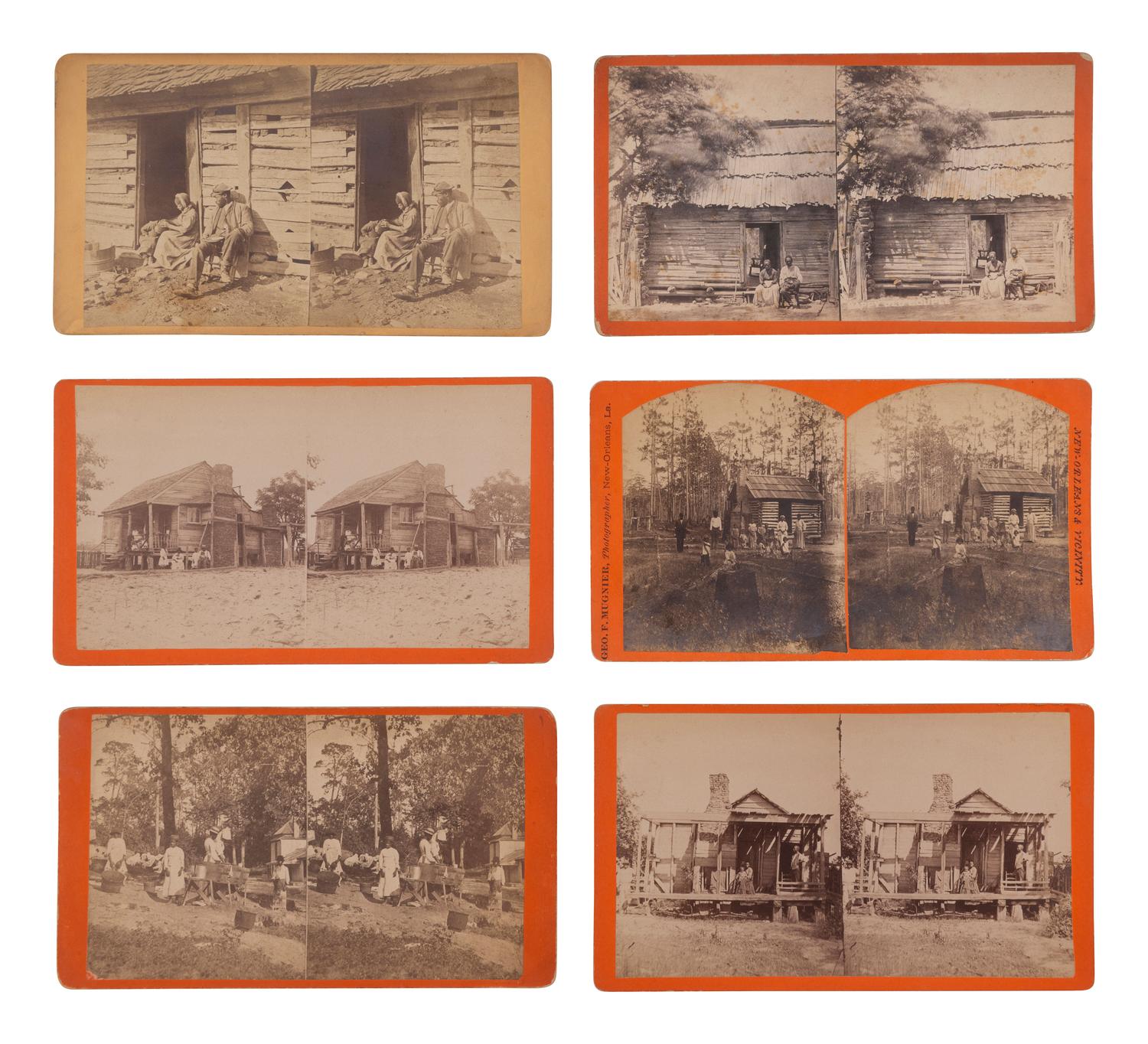 [EARLY PHOTO.] 17 stereoviews of African American domestic life, incl. cabin views and family scenes