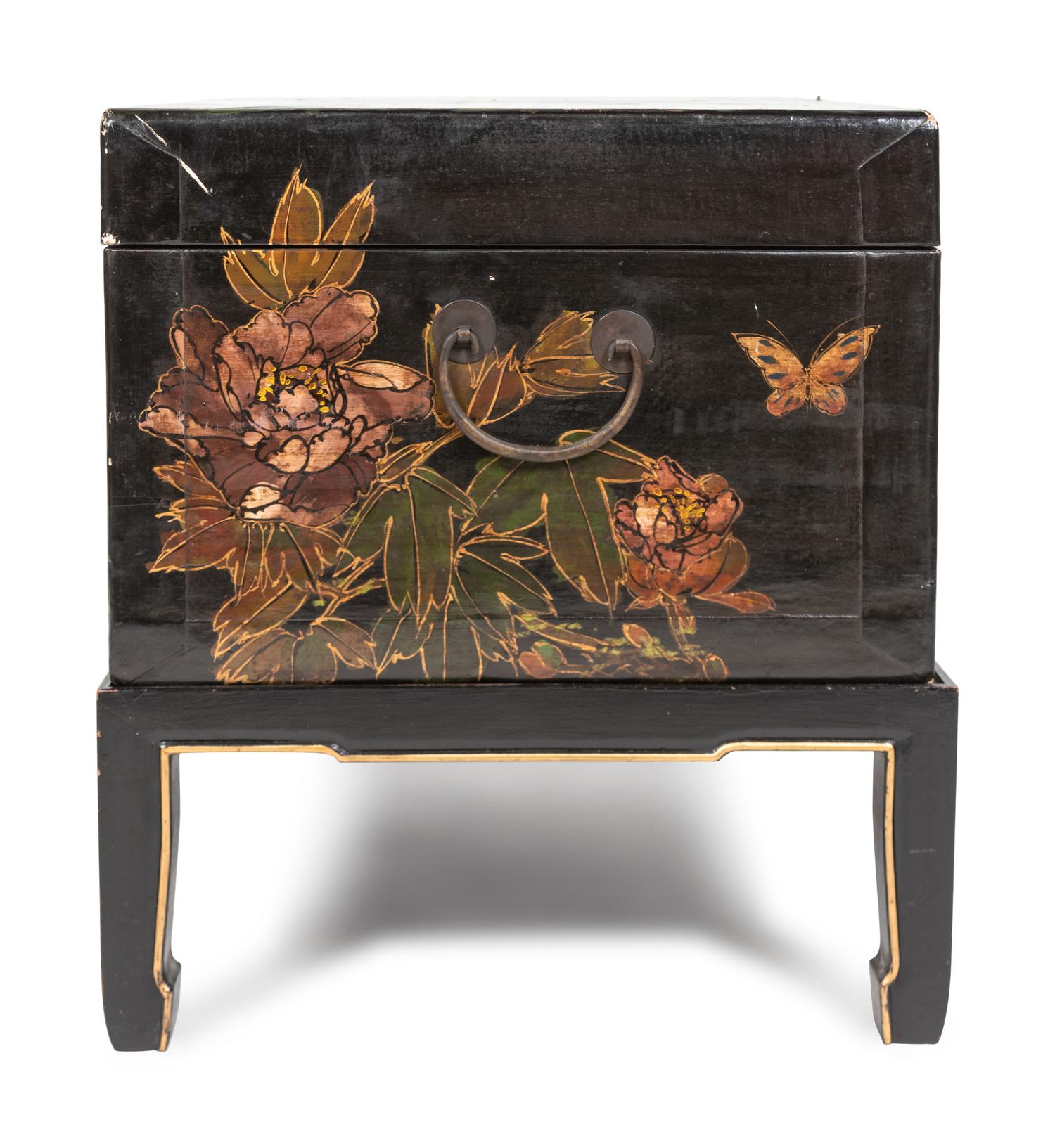 A Chinese Export Parcel Gilt and Lacquered Chest on Stand