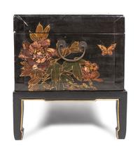 A Chinese Export Parcel Gilt and Lacquered Chest on Stand