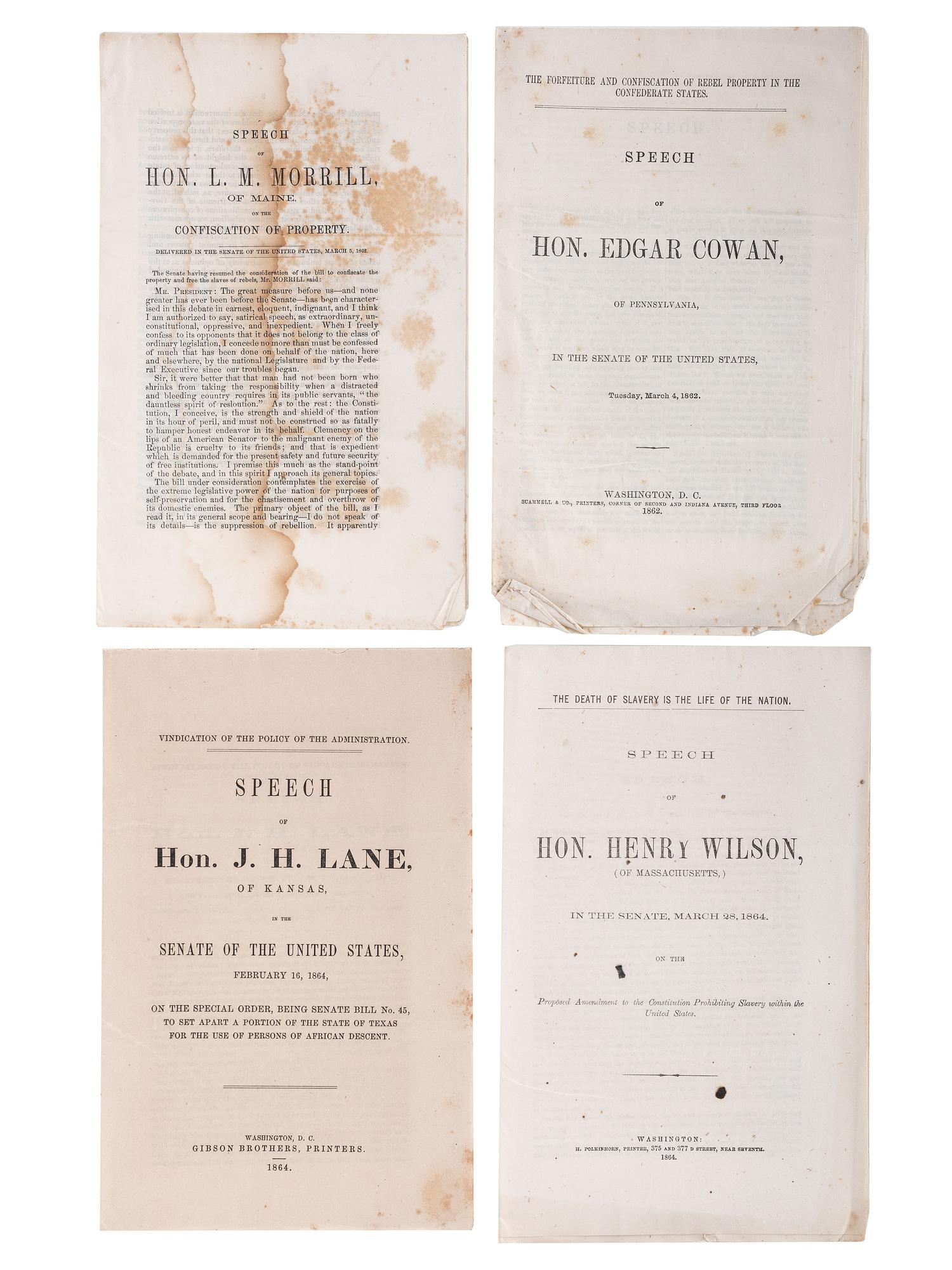 [SLAVERY & ABOLITION]. A signed cabinet card of abolitionist Wendell Phillips with 13 abolition-related pamphlets, especially concerning the Confiscation Acts, comprising: