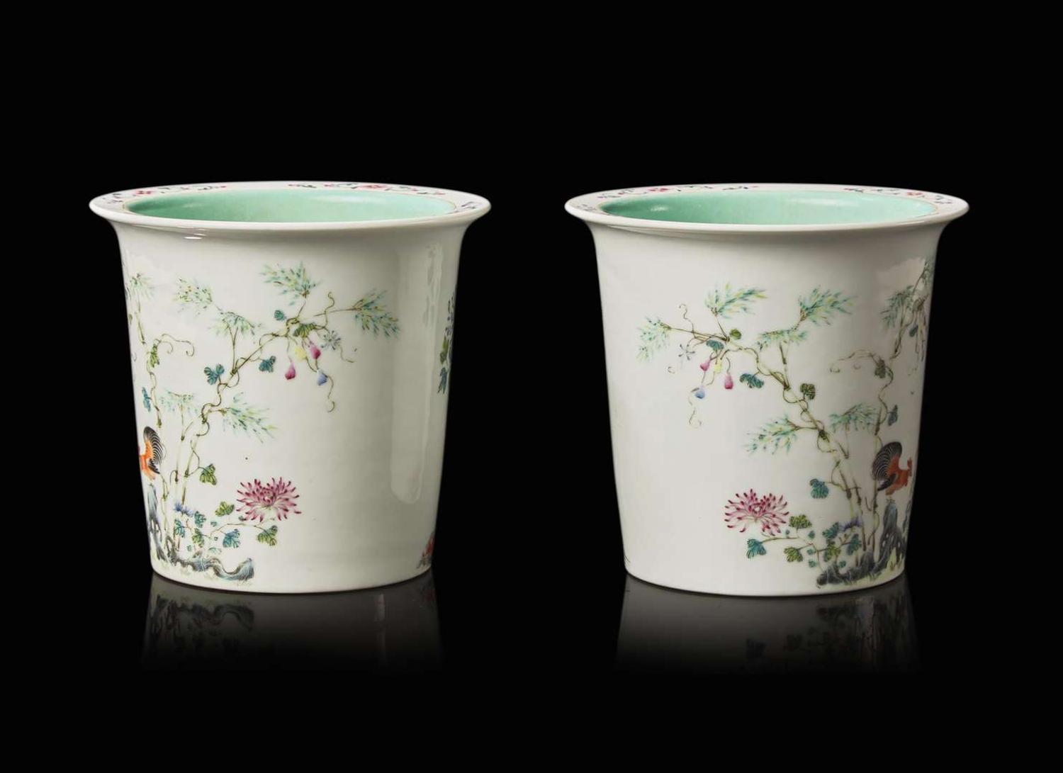 A pair of Chinese famille rose "Boys" jardinieres, six-character Guangxu mark 粉彩嬰戲花盆一對 光緒六字款