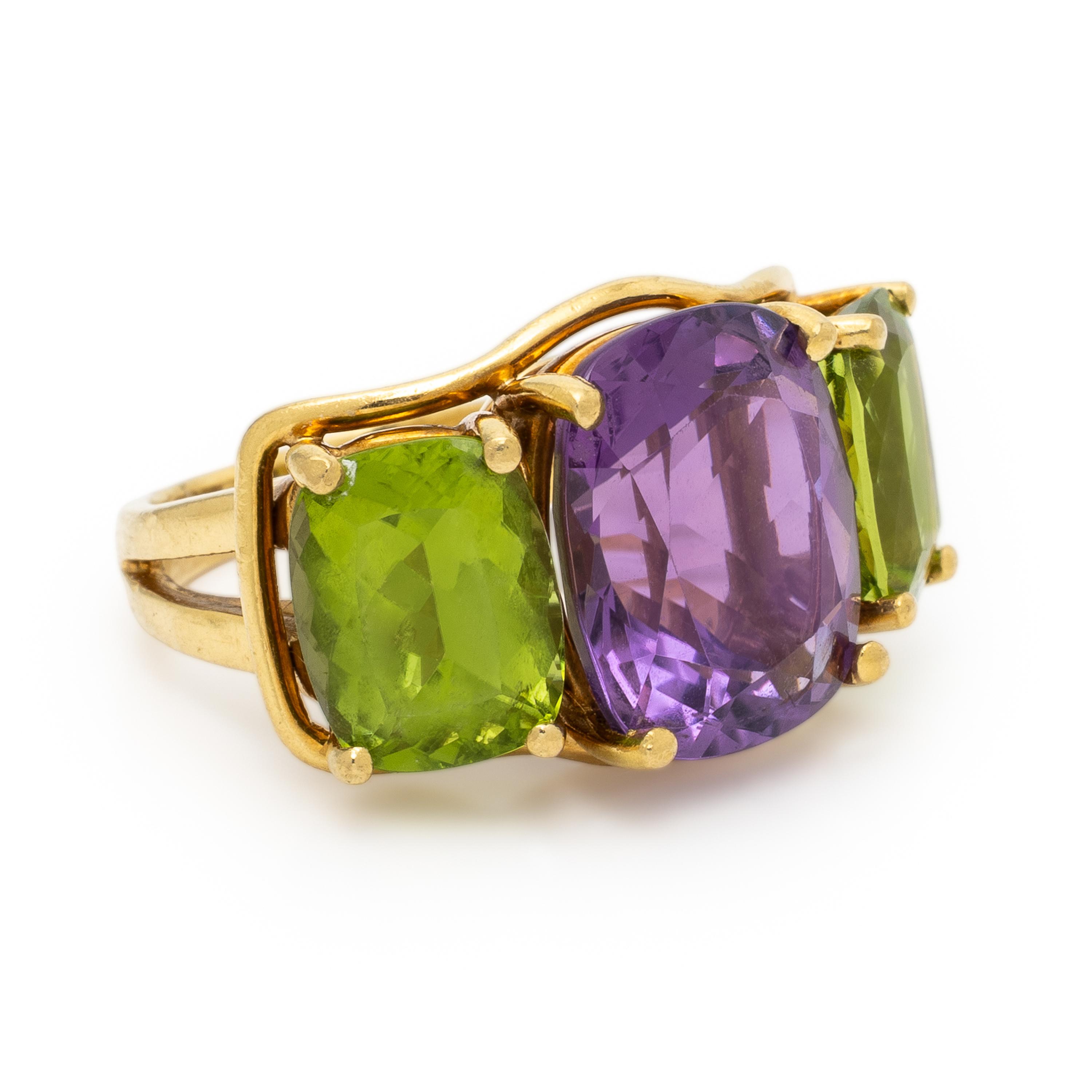 Yellow Gold, Peridot, and Amethyst Ring