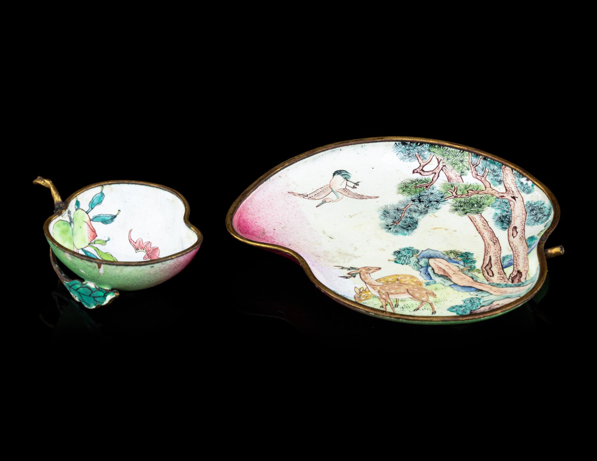 Two Canton Enamel on Copper Peach-Form Plates