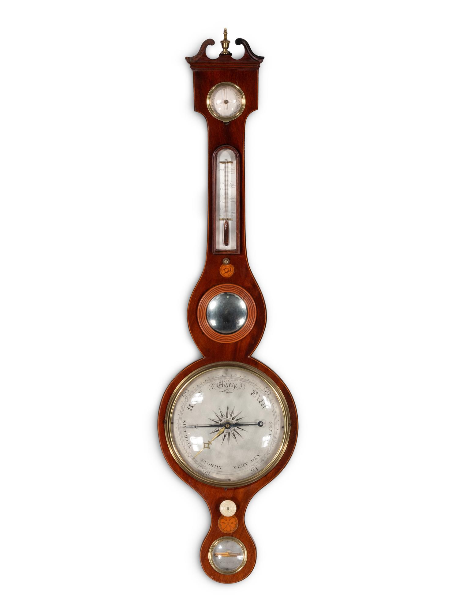 A George III Mahogany and Marquetry Wheel Barometer