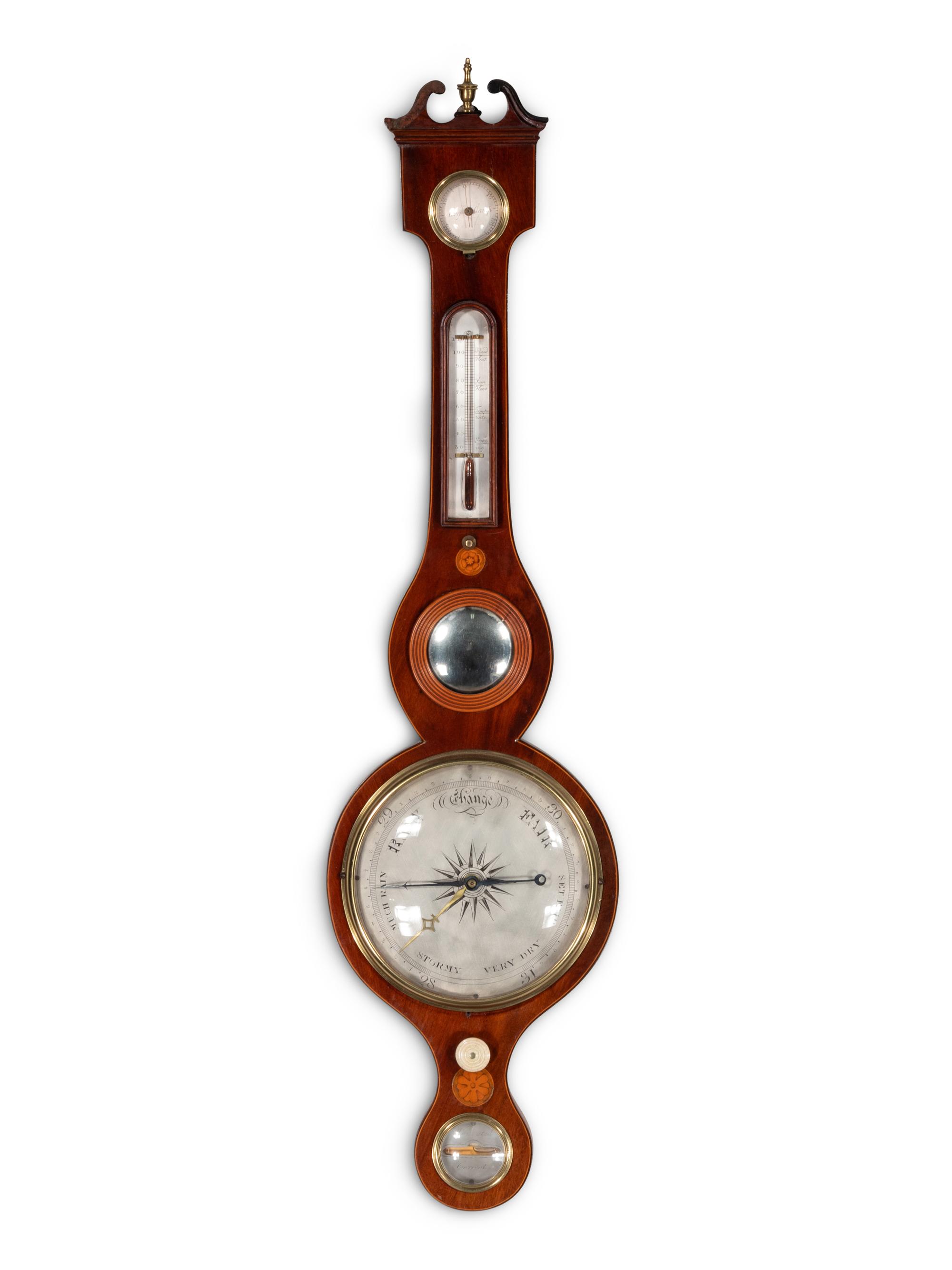 A George III Mahogany and Marquetry Wheel Barometer