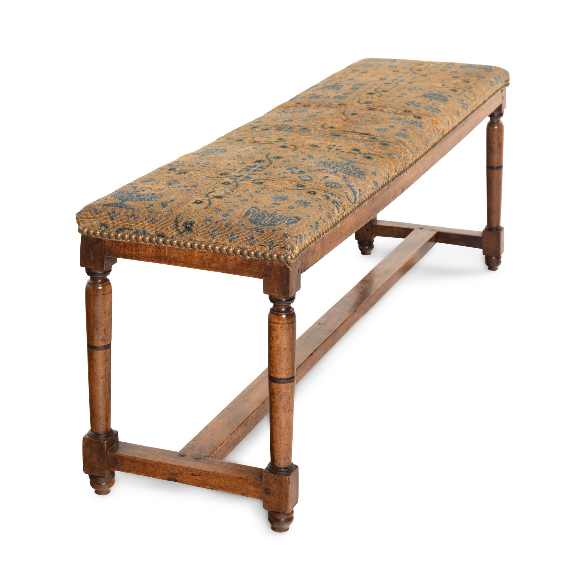 An English Provincial Fruitwood Needlework-Upholstered Bench
