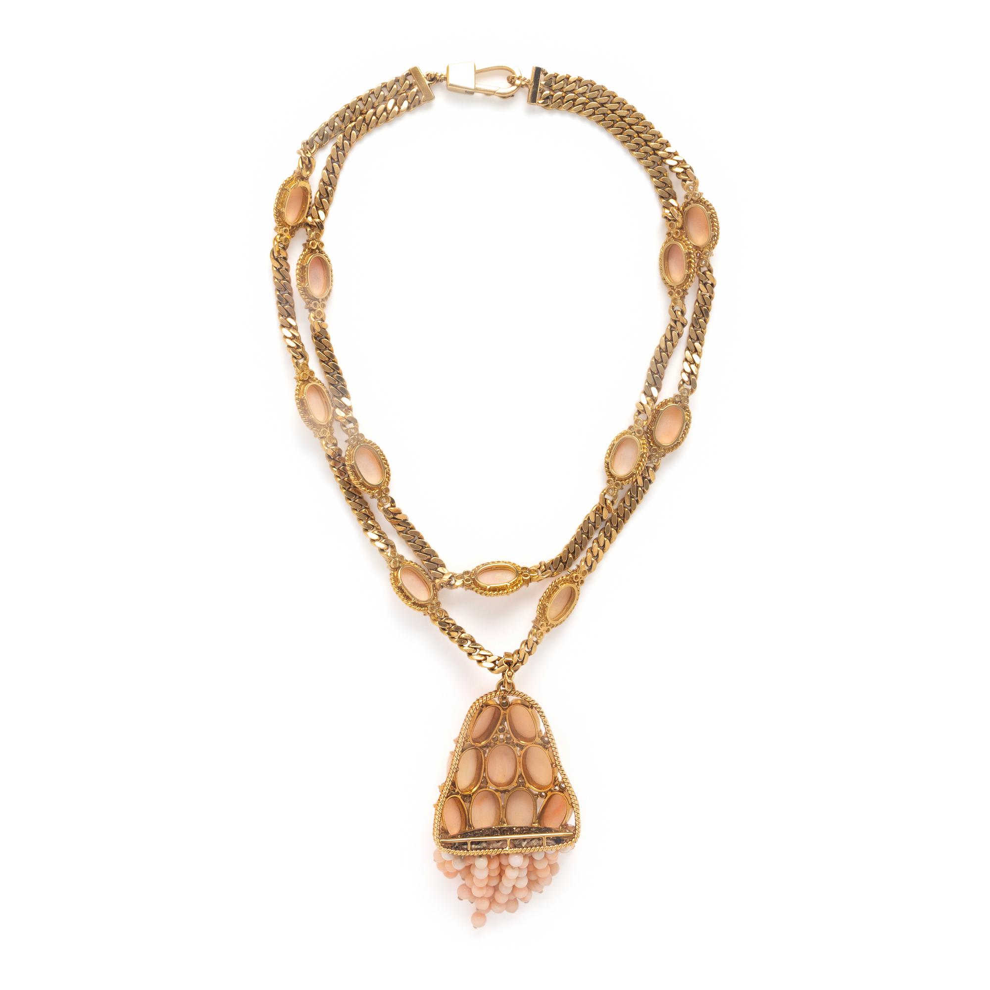 Coral, Diamond, and Yellow Gold Necklace