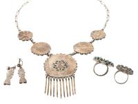 Zuni Silver and Petit Point Turquoise Necklace, Rings, AND Screw-back Earrings