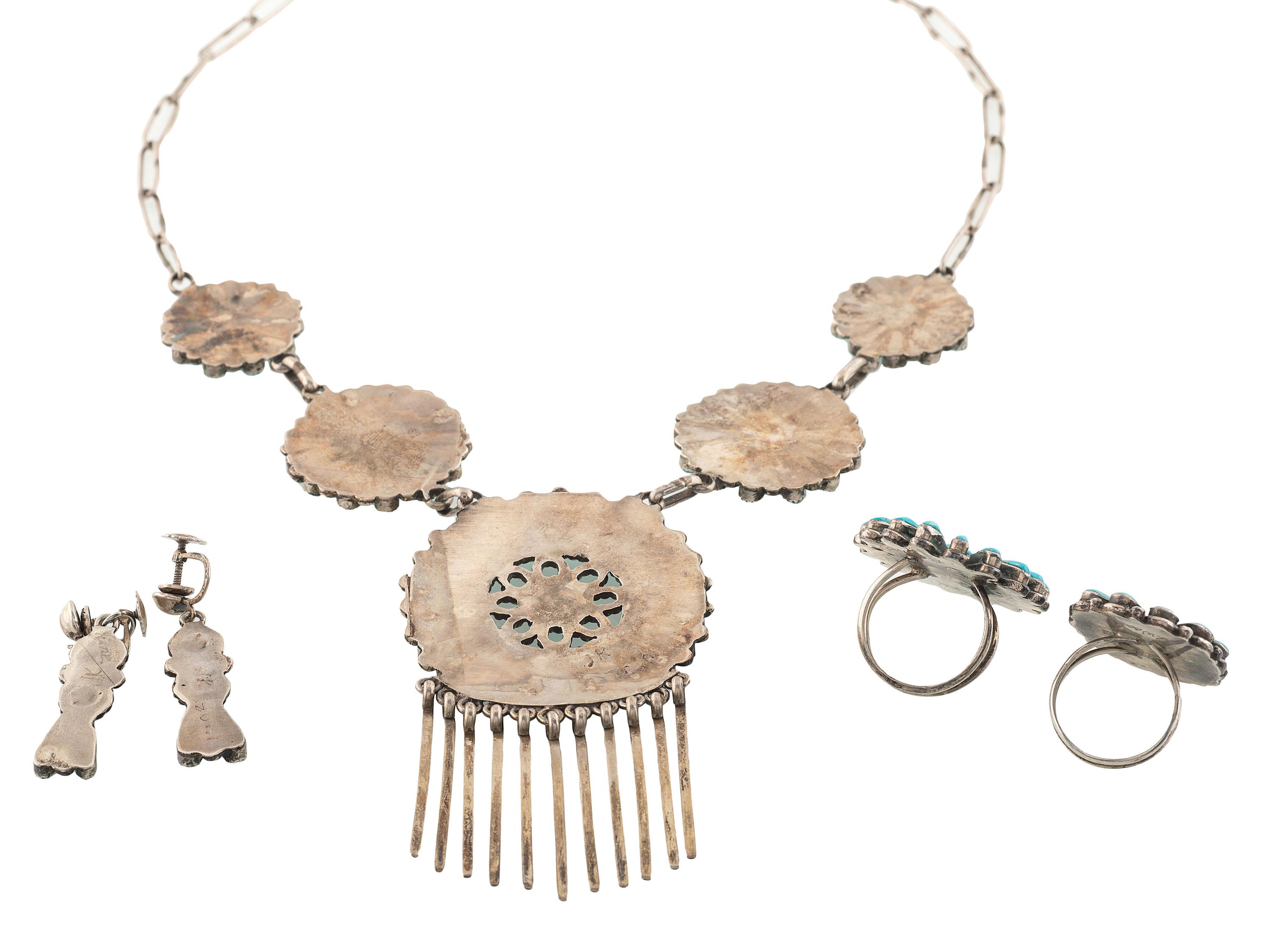 Zuni Silver and Petit Point Turquoise Necklace, Rings, AND Screw-back Earrings