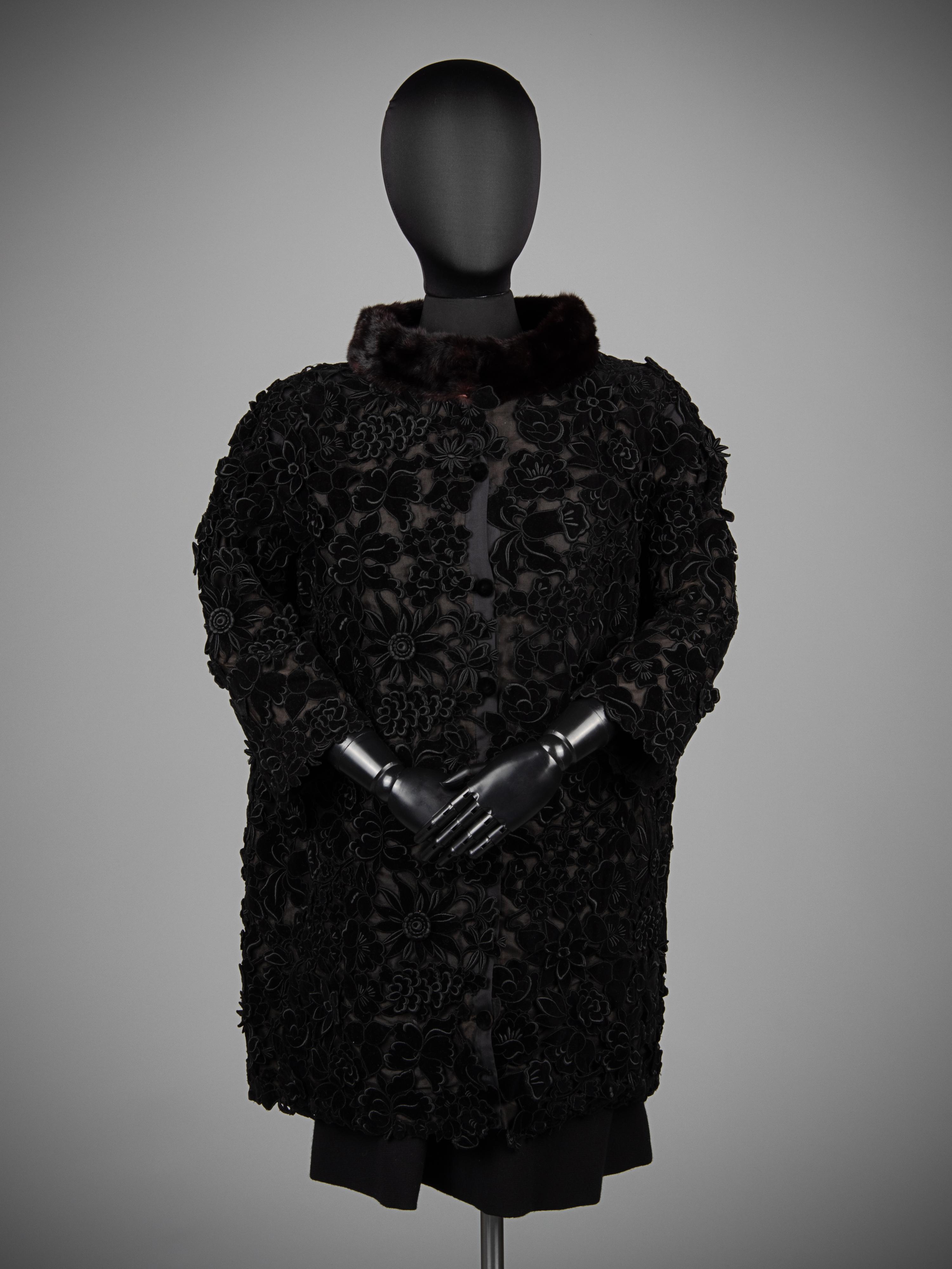 Givenchy Haute Couture Floral Appliqué Coat with Fur Collar, 1960-80s