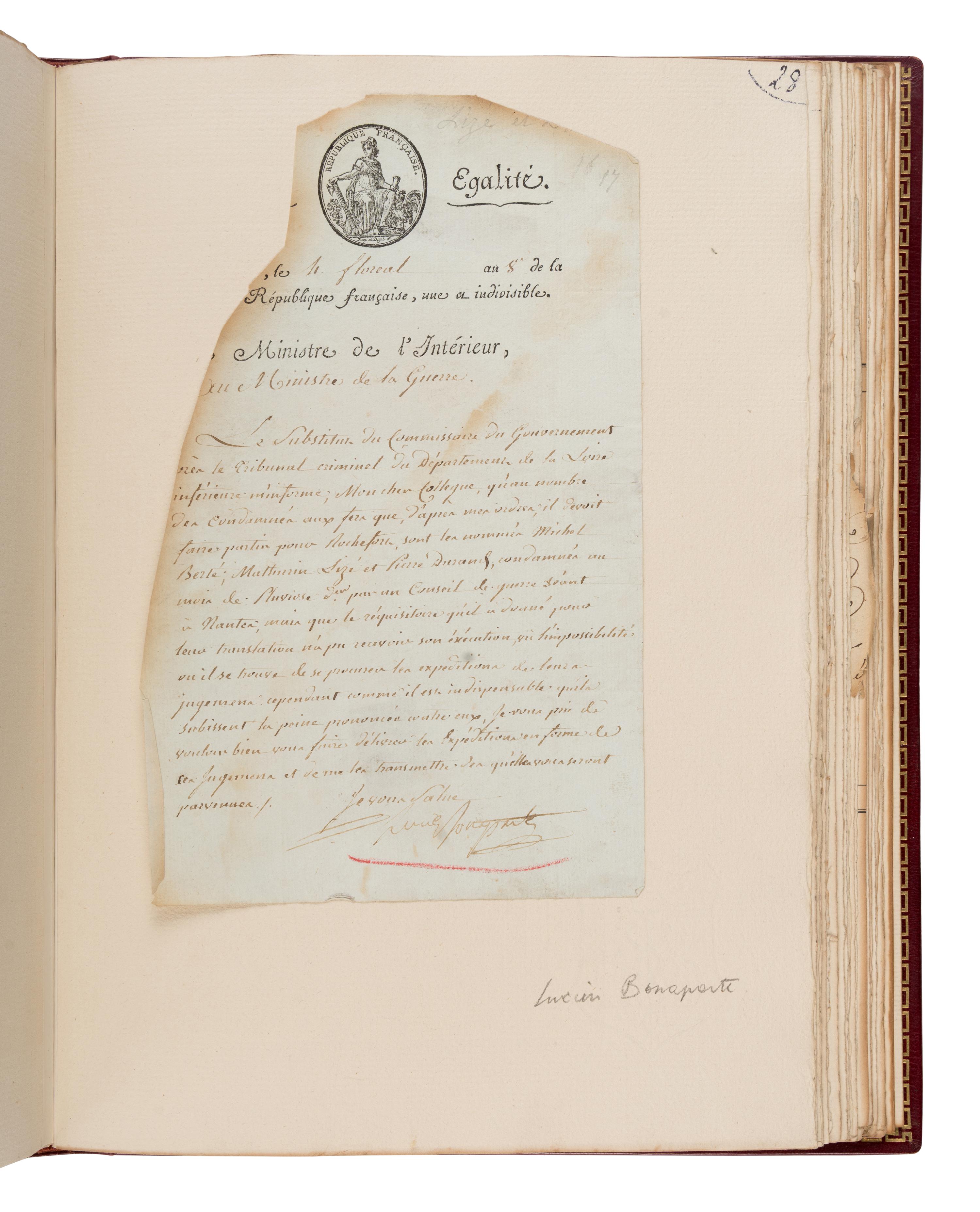 [Napoleon I (1769-1821), et al]. An archive of 123 signed documents, Paris, 1785-1818, salvaged from the 1871 fire at the Tuileries Palace.