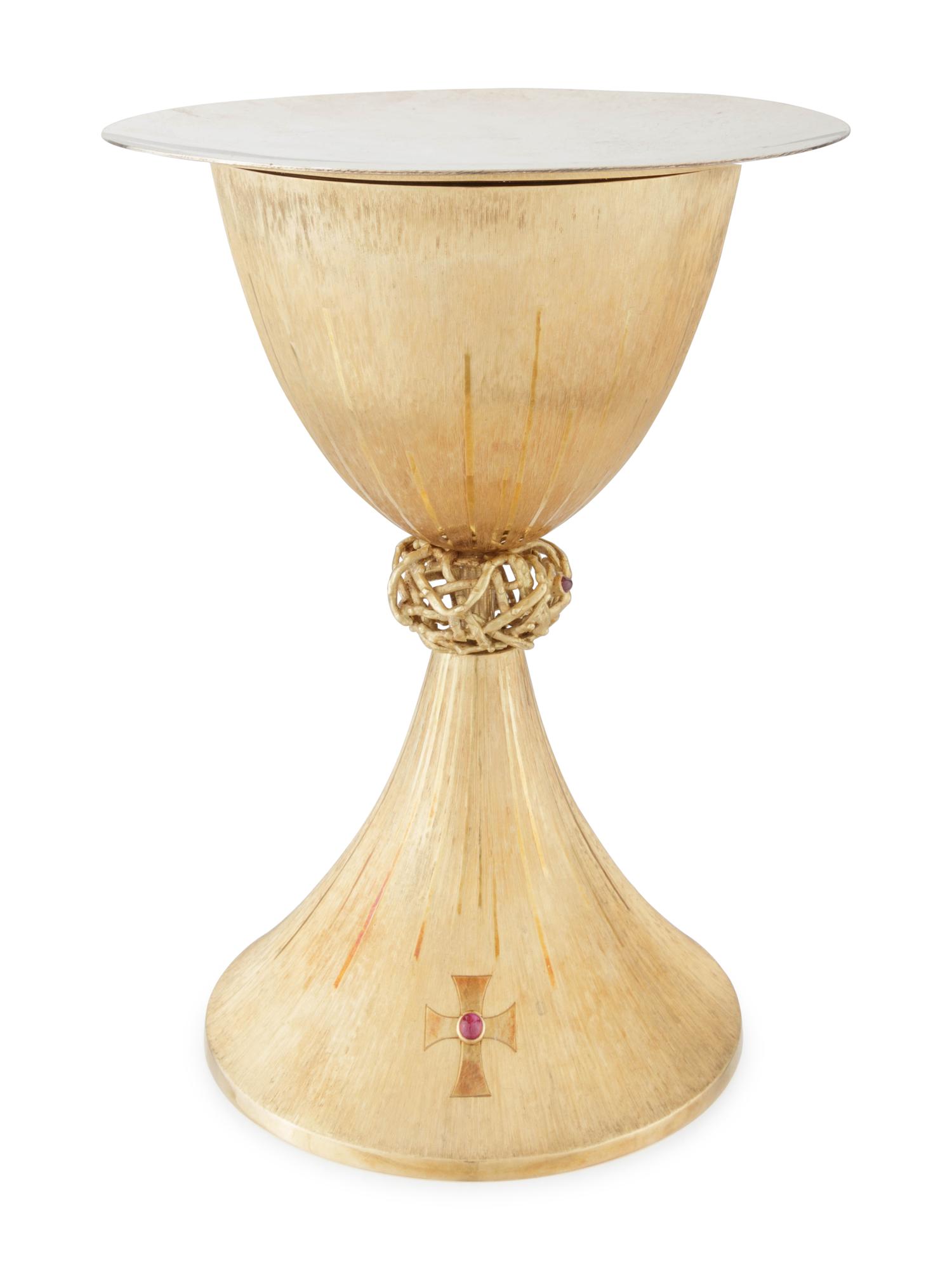 An Andrew Grima Designed 18-Karat Yellow Gold and Cabochon Ruby Inset Presentation Chalice