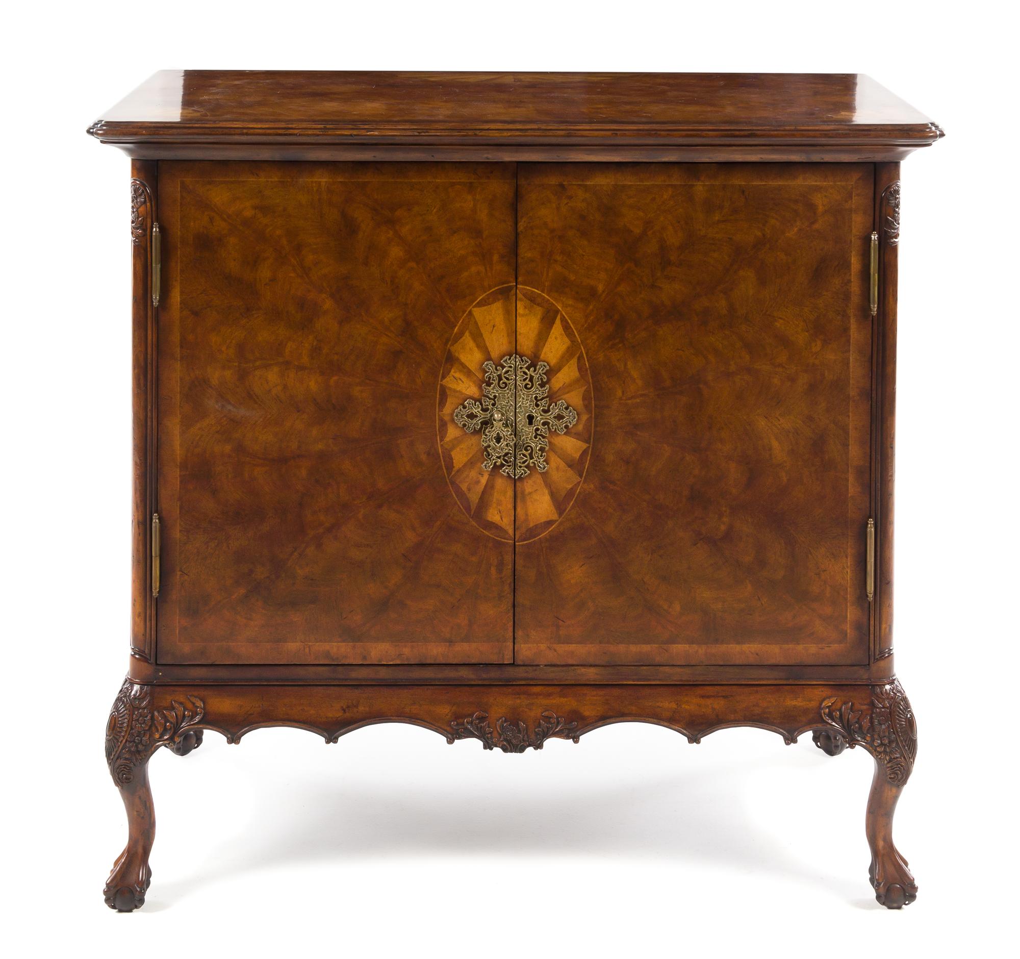A Louis XV Style Burlwood Cabinet Height 40 1/4 x width 42 1/2 x depth 20 1/2 inches.