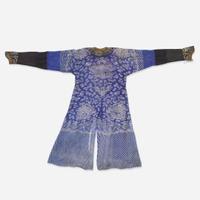 A Chinese counted stitch-embroidered blue gauze "Nine-Dragon" robe 藍地刺繡九龍袍 Qing dynasty ?