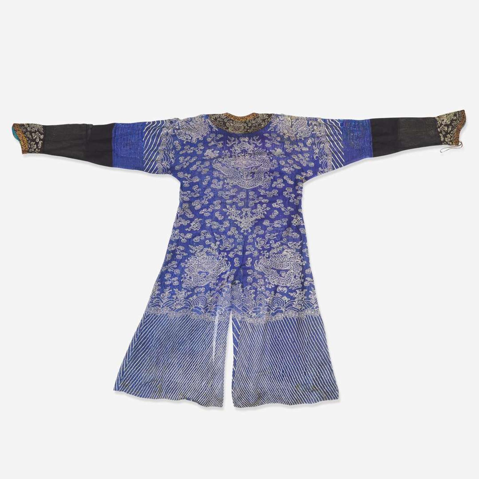 A Chinese counted stitch-embroidered blue gauze "Nine-Dragon" robe 藍地刺繡九龍袍 Qing dynasty ?