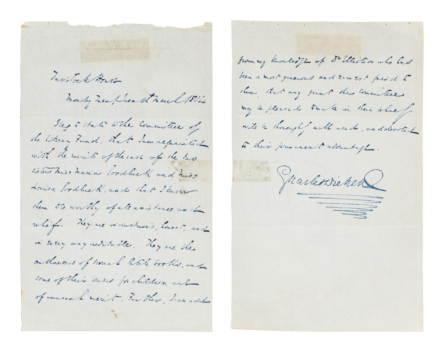 DICKENS, Charles (1812-1870). Autograph letter signed (“Charles Dickens”), to the Committee of the Royal Literary Fund [in text], 27 March 1854.