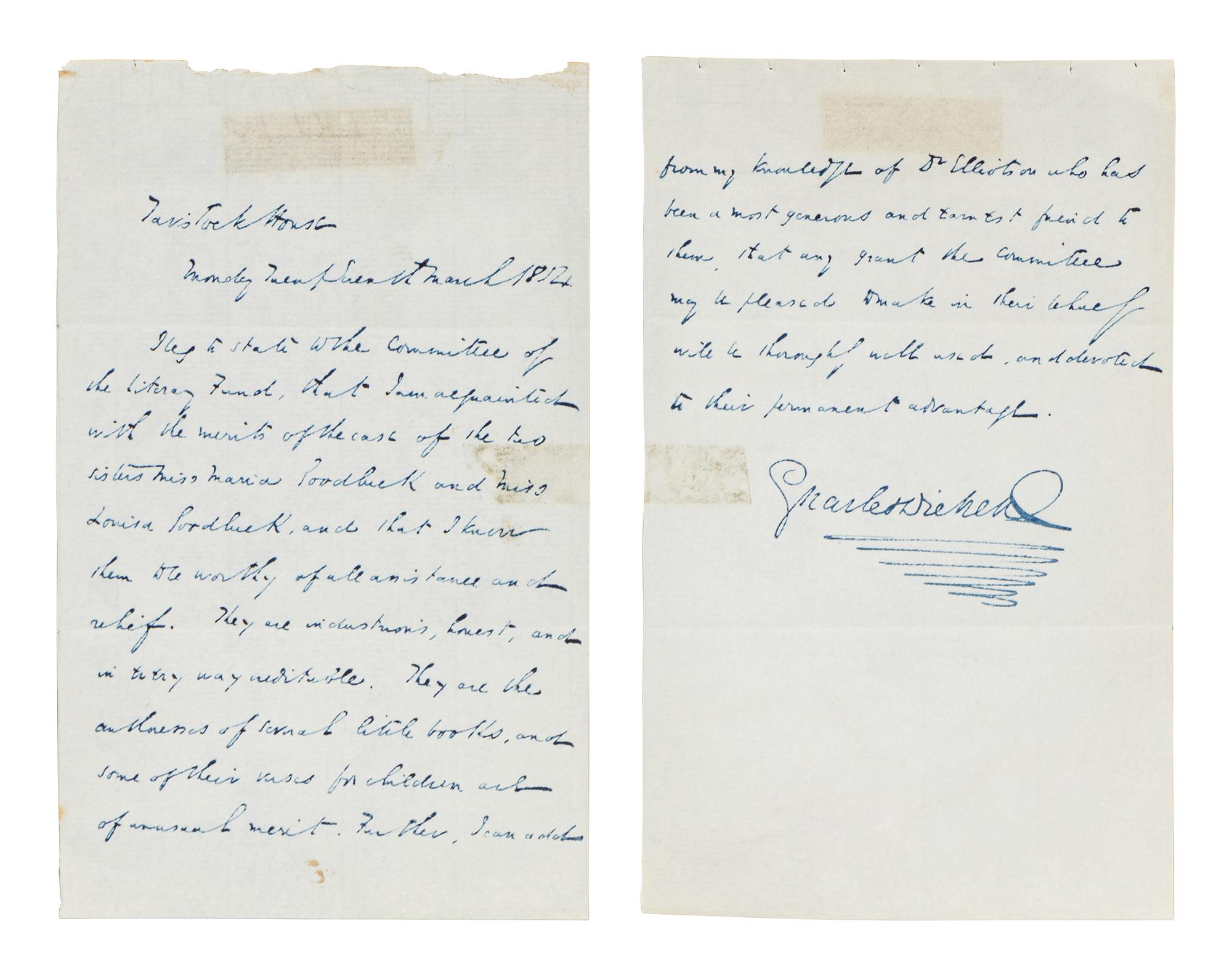 DICKENS, Charles (1812-1870). Autograph letter signed (“Charles Dickens”), to the Committee of the Royal Literary Fund [in text], 27 March 1854.