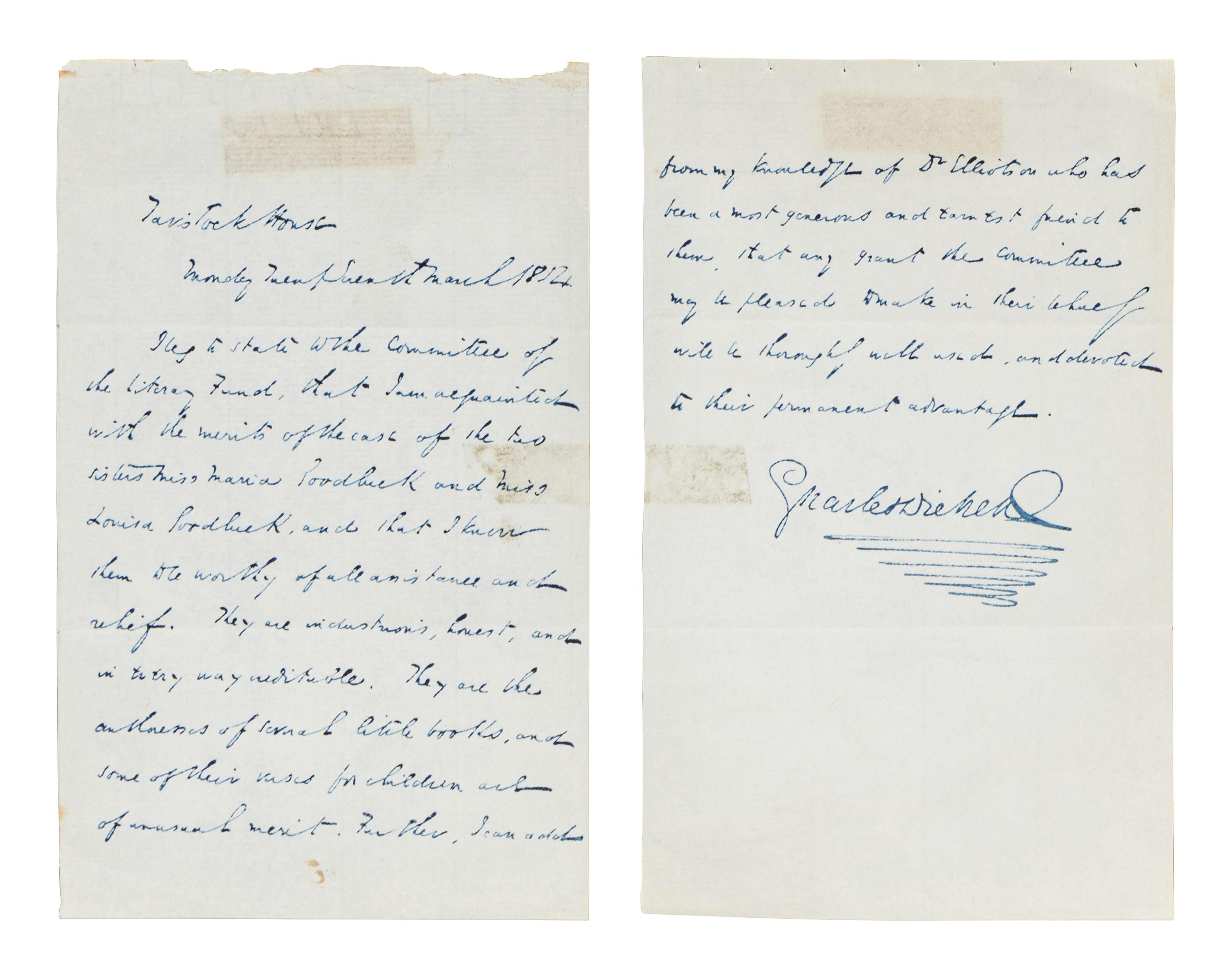 DICKENS, Charles (1812-1870). Autograph letter signed (“Charles Dickens”), to the Committee of the Royal Literary Fund [in text], 27 March 1854.