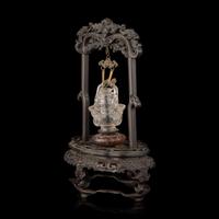 A Small Chinese Carved Rock Crystal Censer and Cover with Associated Carved Wood Stand, Late Qing/Republic Period 晚清民國 雕水晶雙活環花籃式小蓋瓶 帶木座