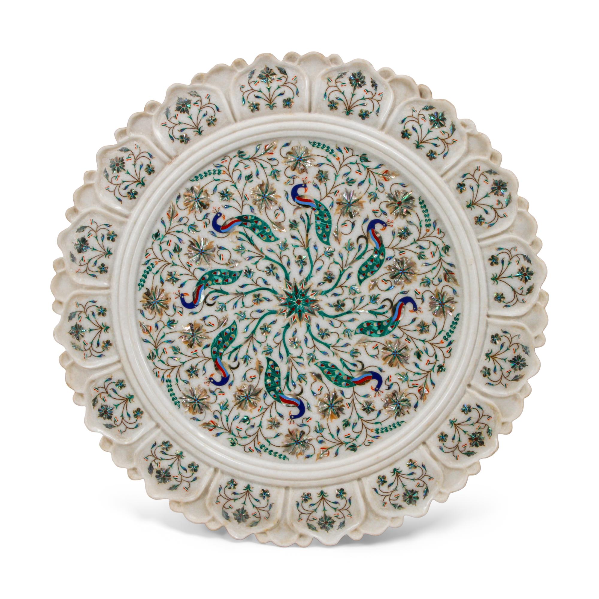 An Indian Carved Marble and Semiprecious Stone-Inlaid Plaque