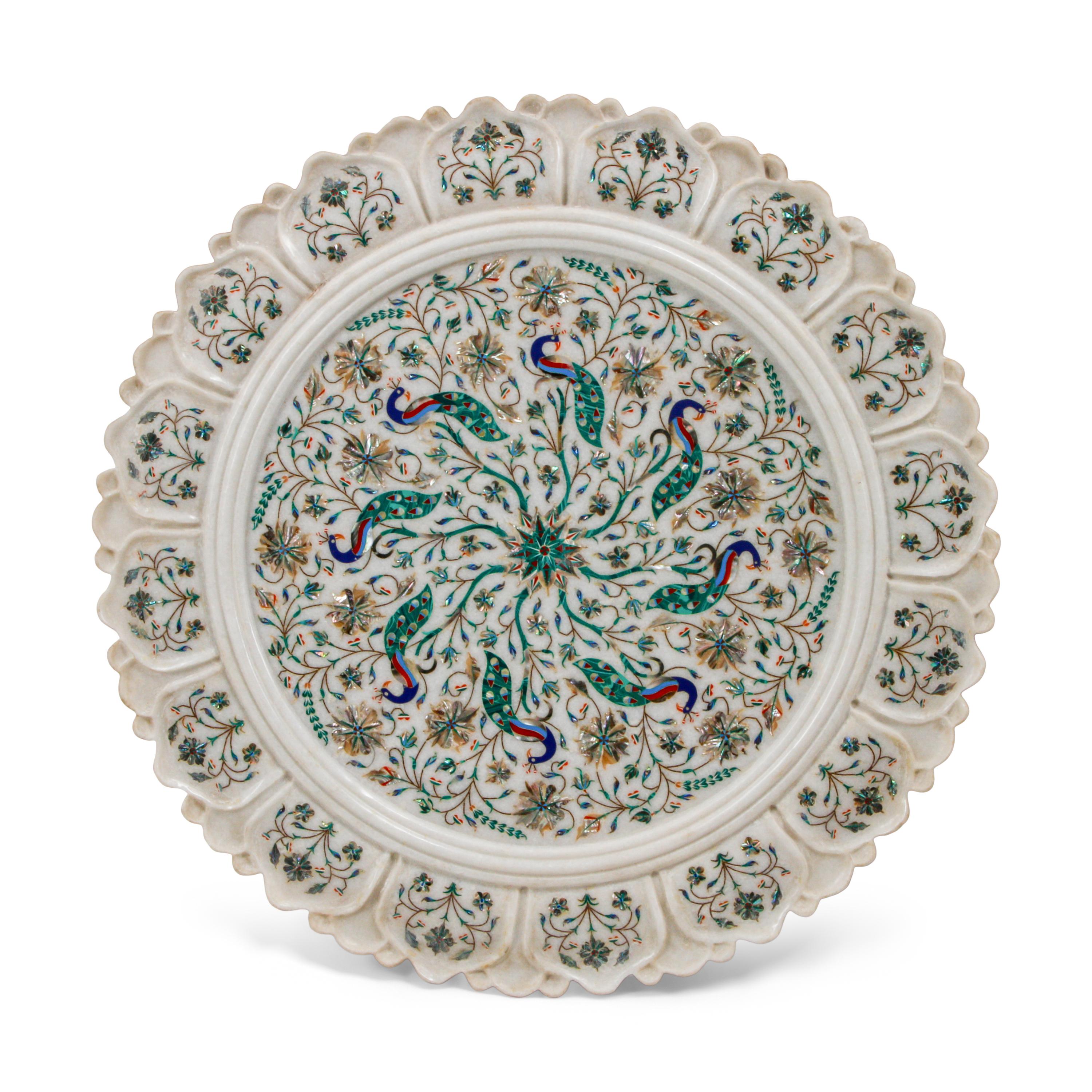 An Indian Carved Marble and Semiprecious Stone-Inlaid Plaque