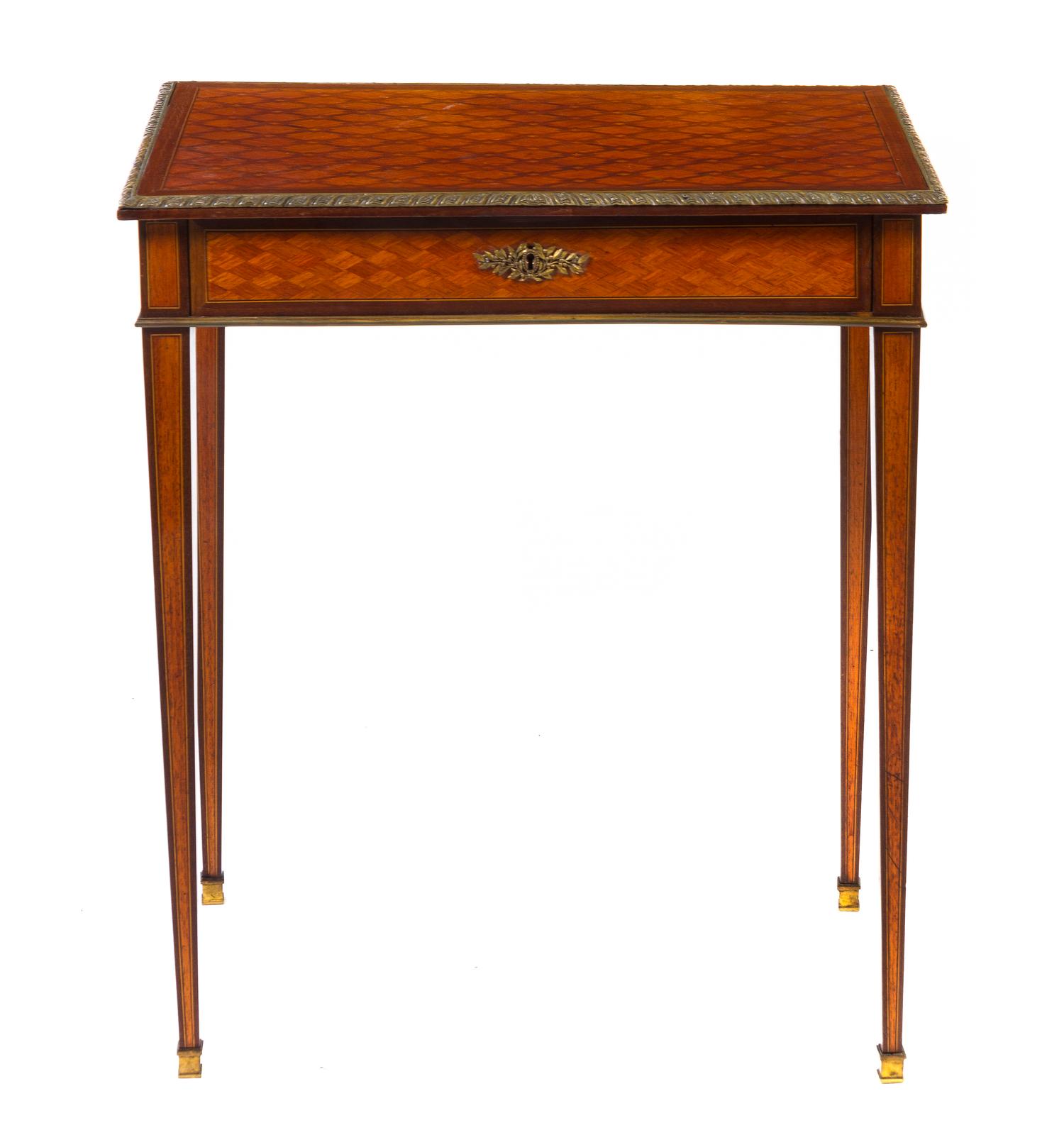 A Louis XVI Style Gilt Metal Mounted Parquetry Inlaid Mahogany Side Table, Height 30 1/2 x width 26 1/4 x depth 16 3/4 inches.