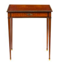 A Louis XVI Style Gilt Metal Mounted Parquetry Inlaid Mahogany Side Table, Height 30 1/2 x width 26 1/4 x depth 16 3/4 inches.
