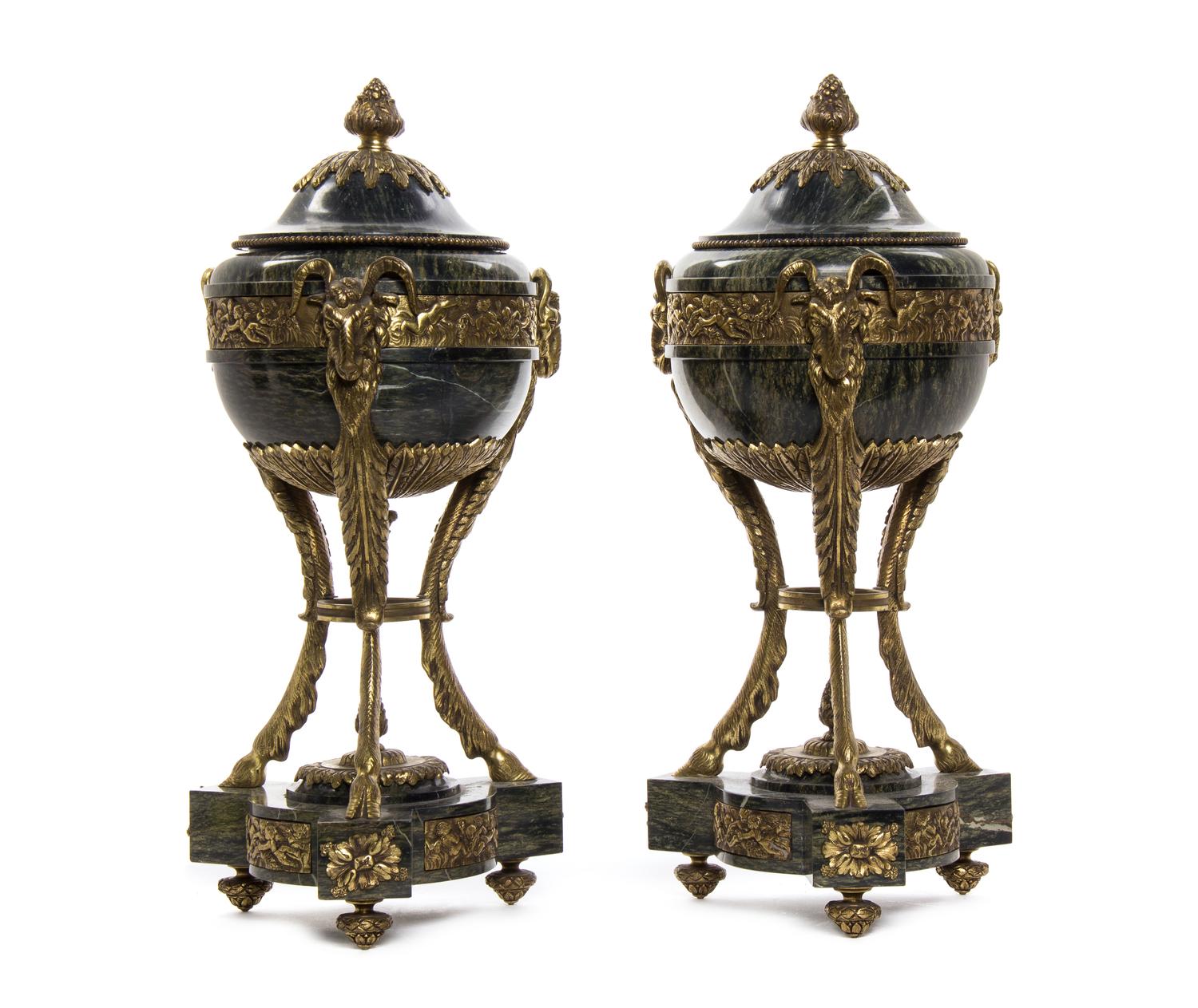 A Pair of Neoclassical Gilt Bronze Mounted Marble Cassolettes, Height 17 1/4 inches.