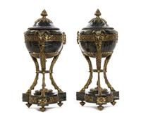 A Pair of Neoclassical Gilt Bronze Mounted Marble Cassolettes, Height 17 1/4 inches.