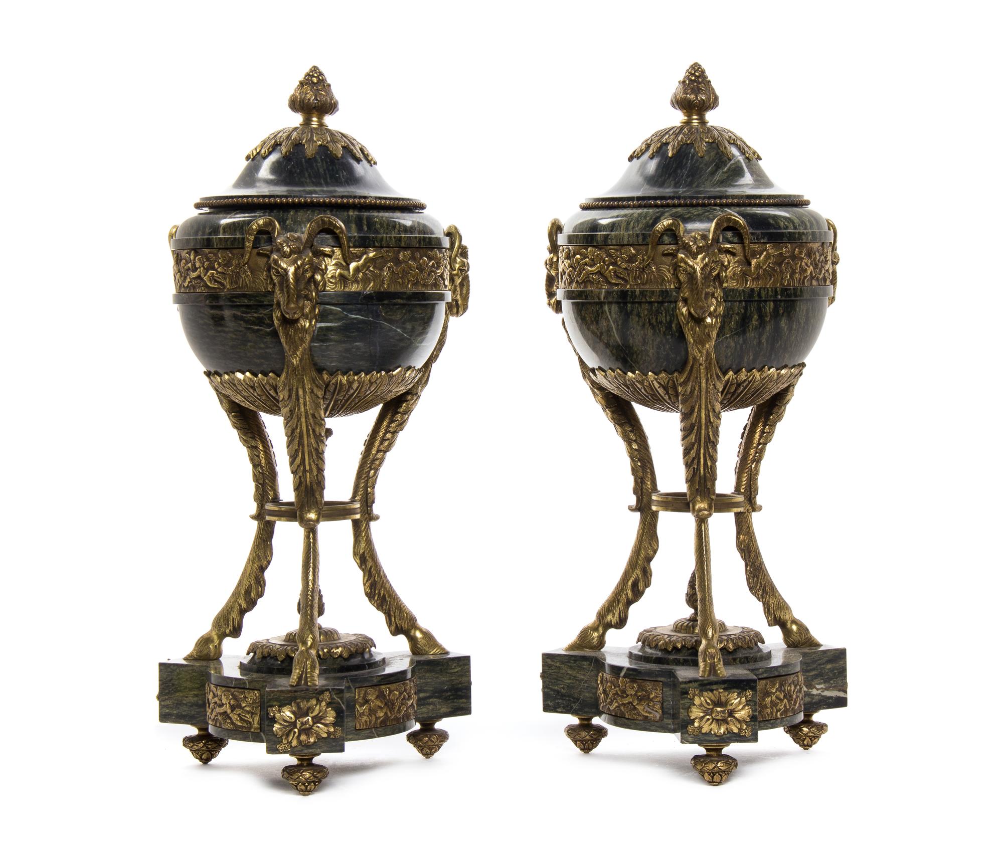 A Pair of Neoclassical Gilt Bronze Mounted Marble Cassolettes, Height 17 1/4 inches.