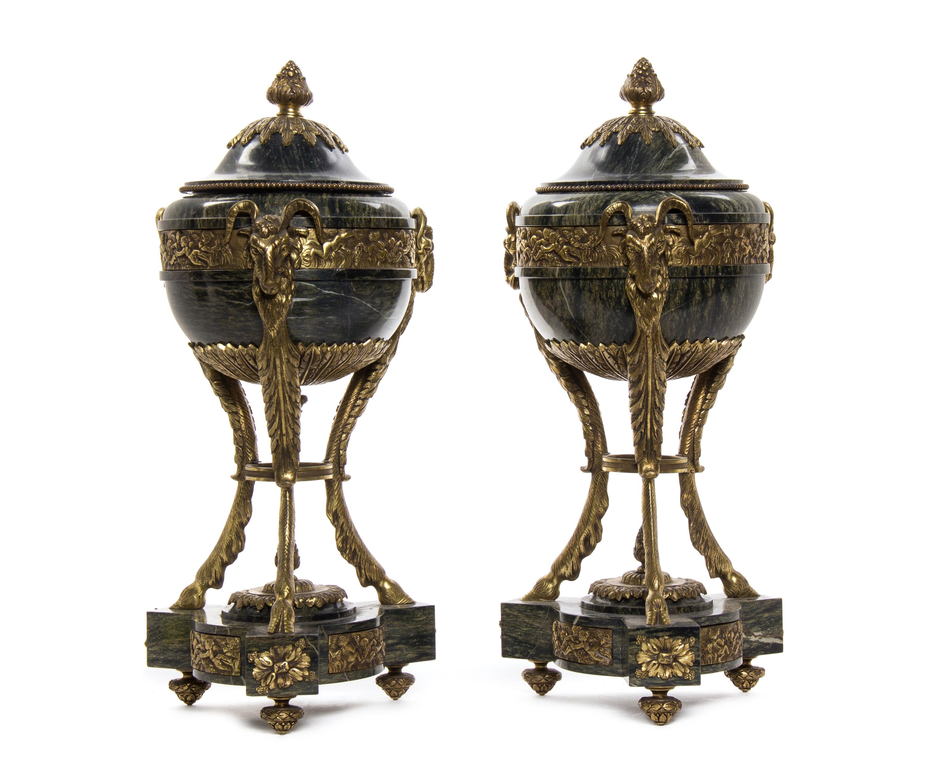 A Pair of Neoclassical Gilt Bronze Mounted Marble Cassolettes, Height 17 1/4 inches.