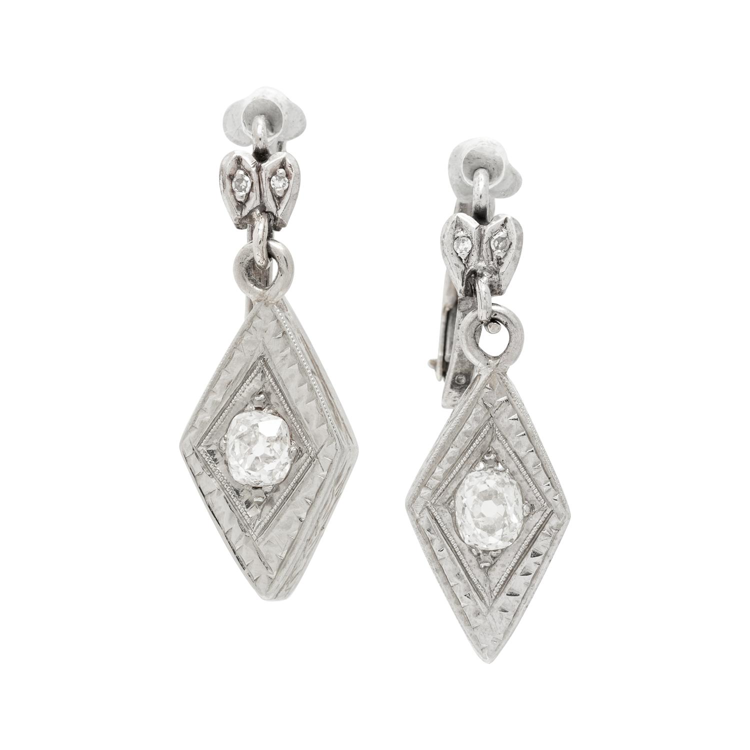 ANTIQUE, WHITE GOLD AND DIAMOND EARRINGS