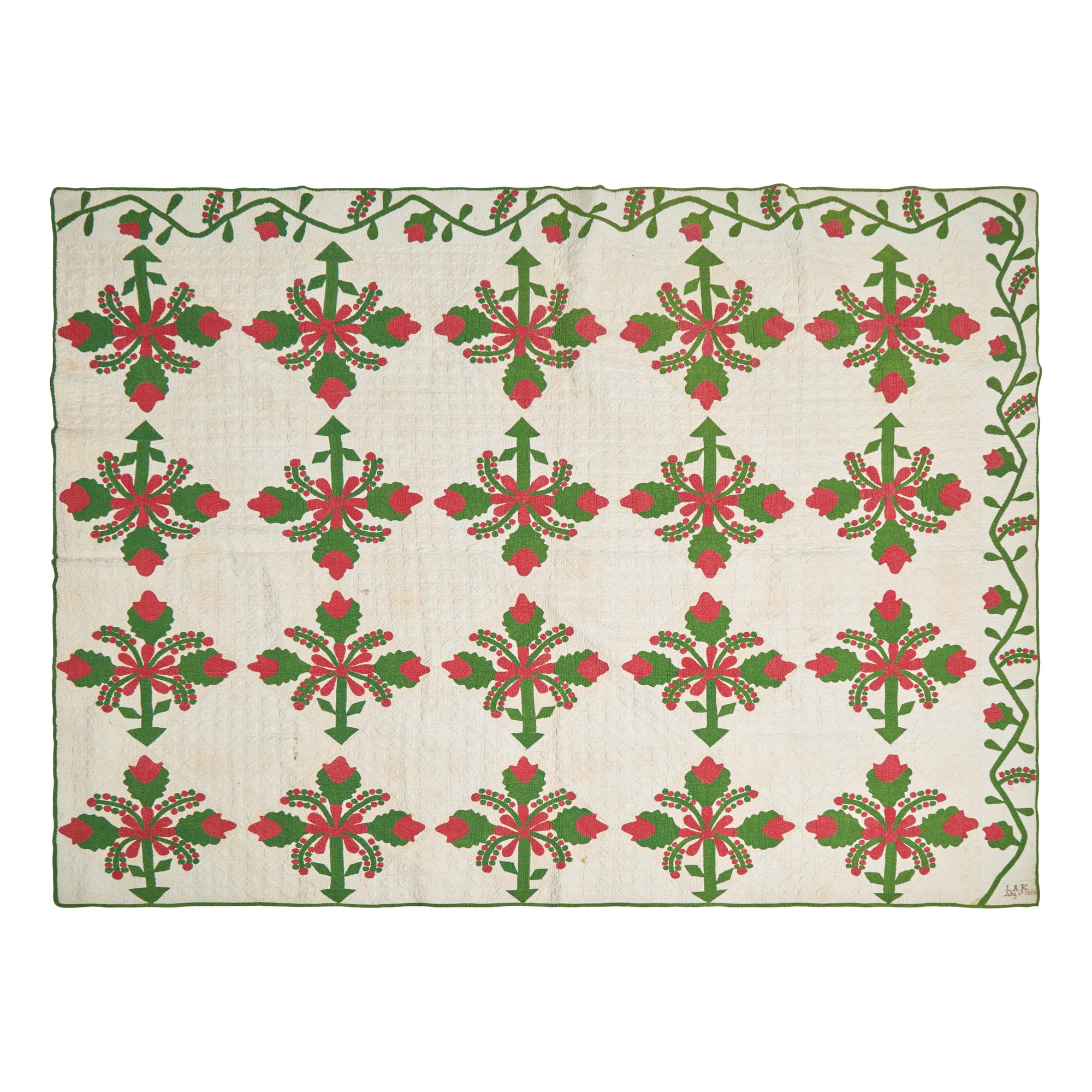A "Cockscomb and Current" Pattern Pieced and Applique Cotton Quilt