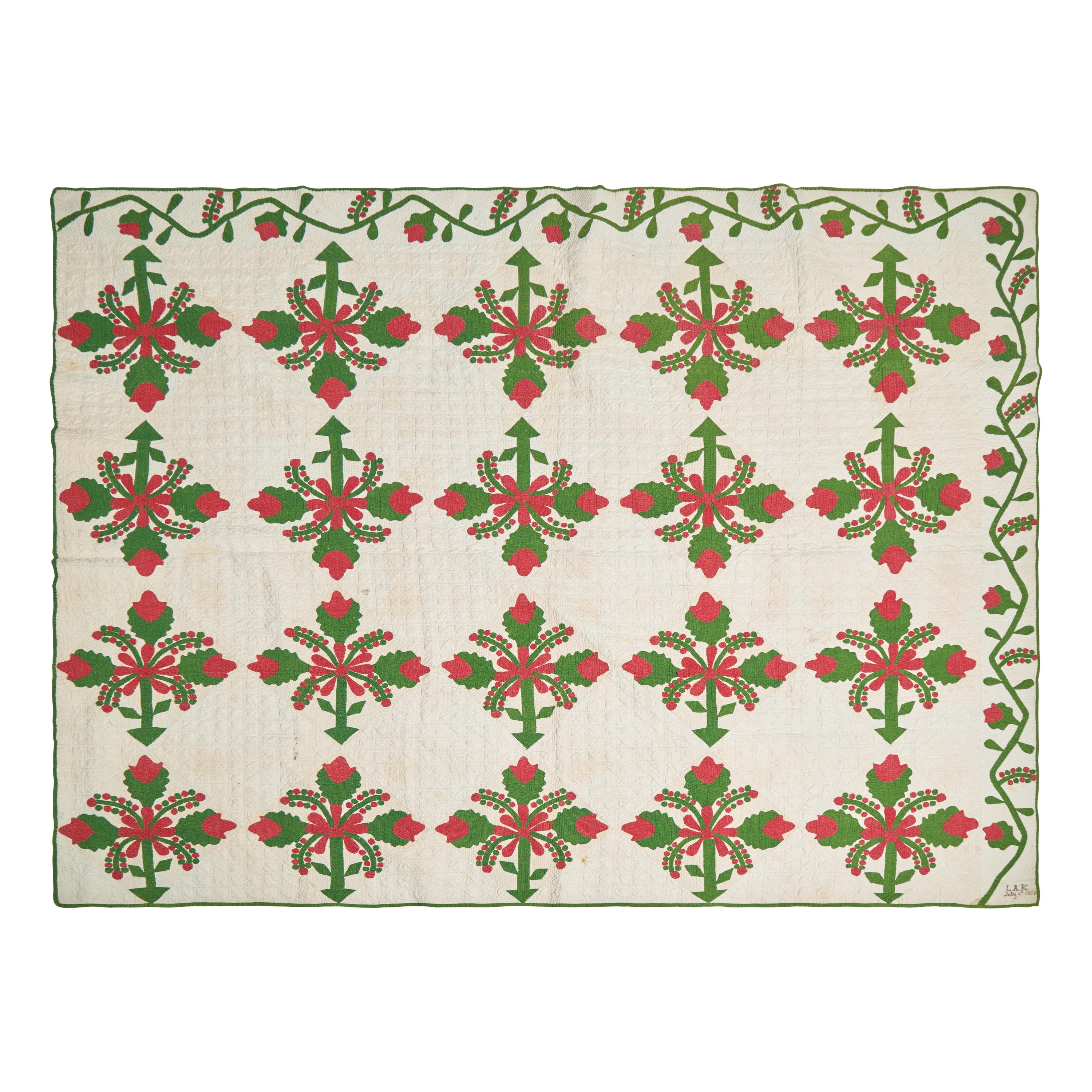 A "Cockscomb and Current" Pattern Pieced and Applique Cotton Quilt