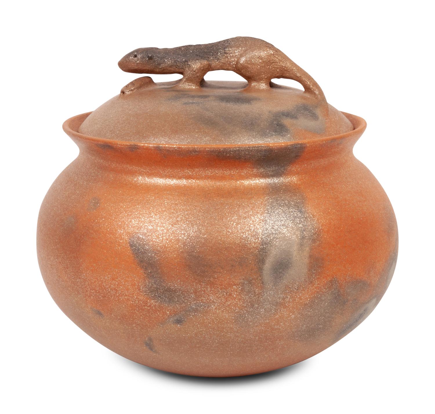 Micaceous Bean Pot, with Otter and Fish