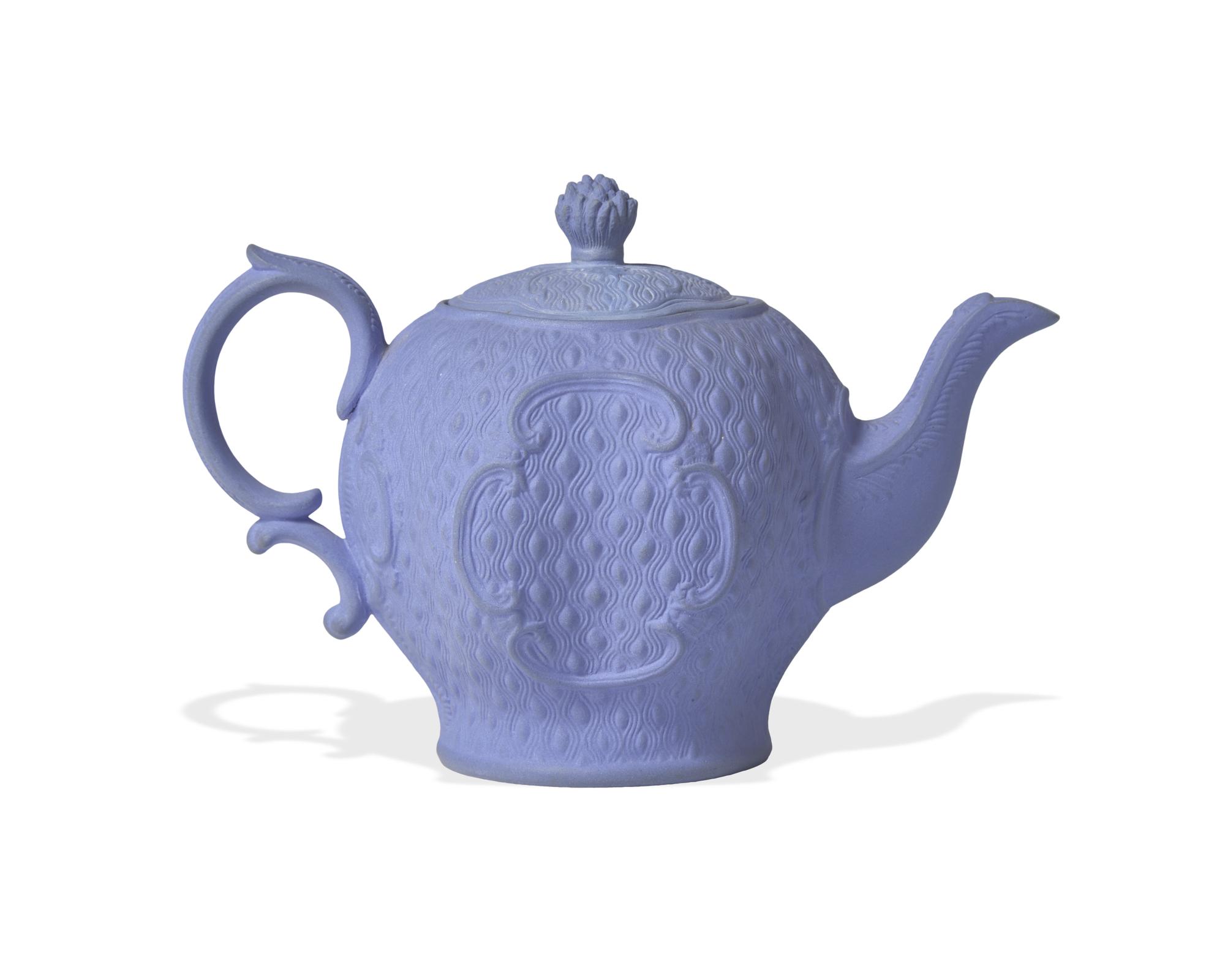 A Staffordshire Cornflower Blue Bisque Teapot Prototype, Attributed to Wedgwood