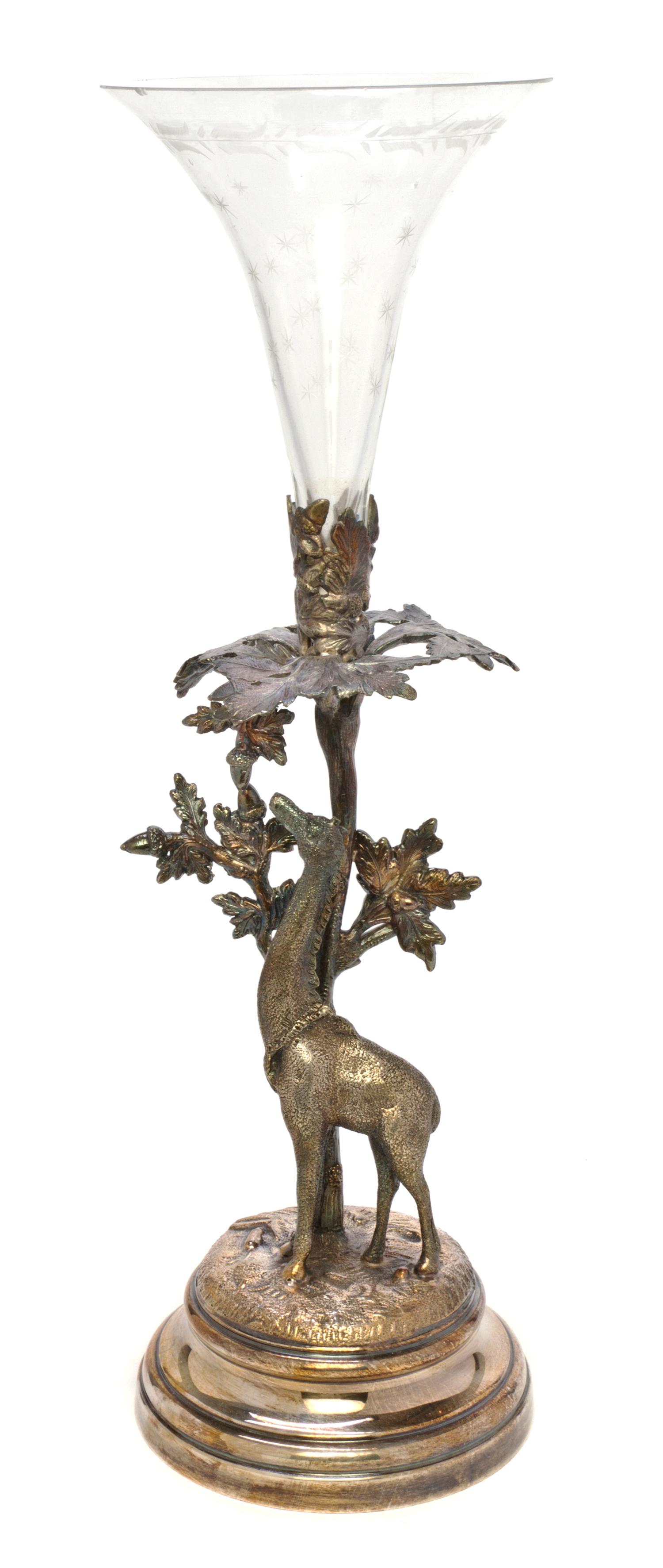 A Neoclassical Style Etched Glass and Silvered Metal Trumpet Vase, Height overall 16 3/4 inches.