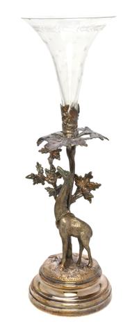 A Neoclassical Style Etched Glass and Silvered Metal Trumpet Vase, Height overall 16 3/4 inches.