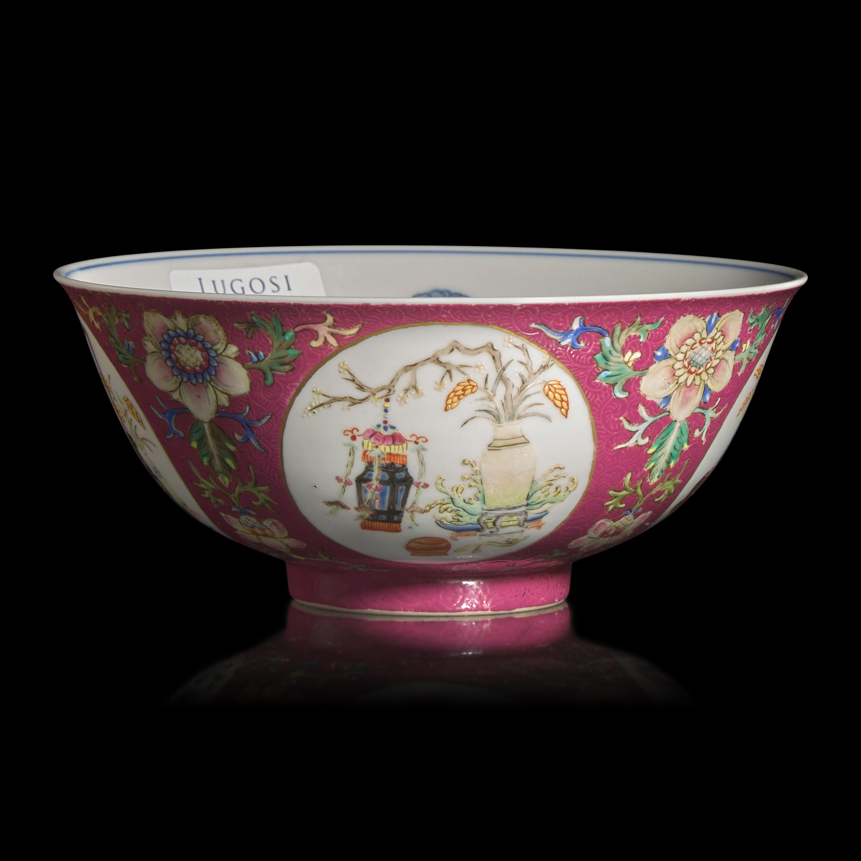 A Chinese Famille-Rose Ruby-Ground Sgraffito 'Medallion' Bowl, Daoguang Mark and of the Period