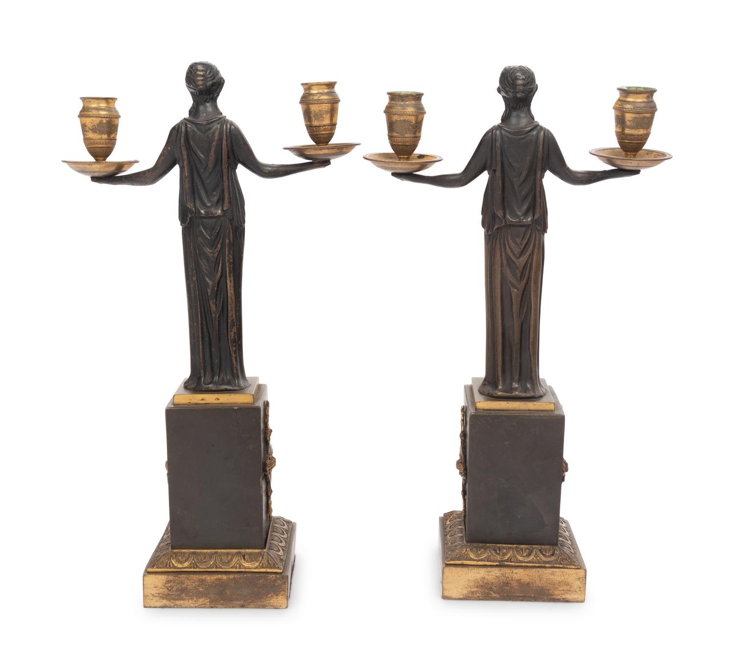 A Pair of Empire Gilt and Patinated Bronze Figural Two-Light Candelabra