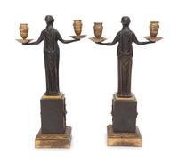 A Pair of Empire Gilt and Patinated Bronze Figural Two-Light Candelabra