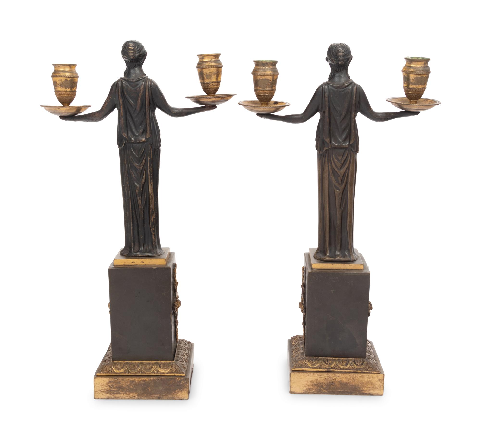A Pair of Empire Gilt and Patinated Bronze Figural Two-Light Candelabra